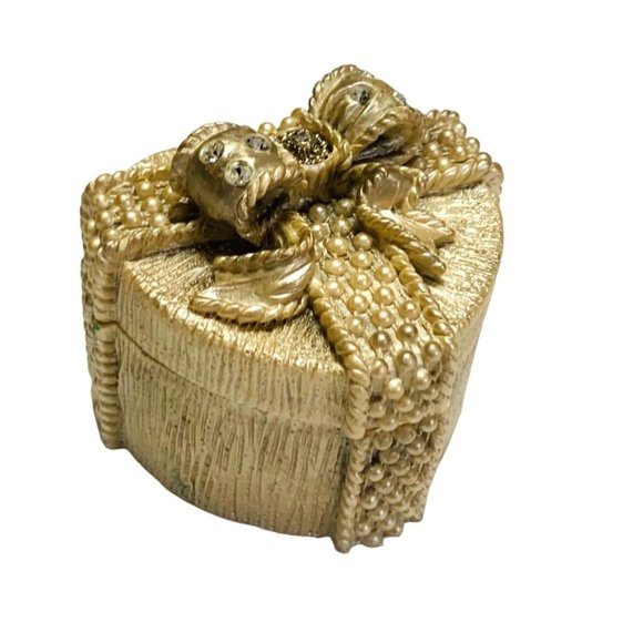 Santini Golden Heart Trinket Box Rhinestone 3" Palm Beach Regency Signed Stamp - Picture 2 of 14